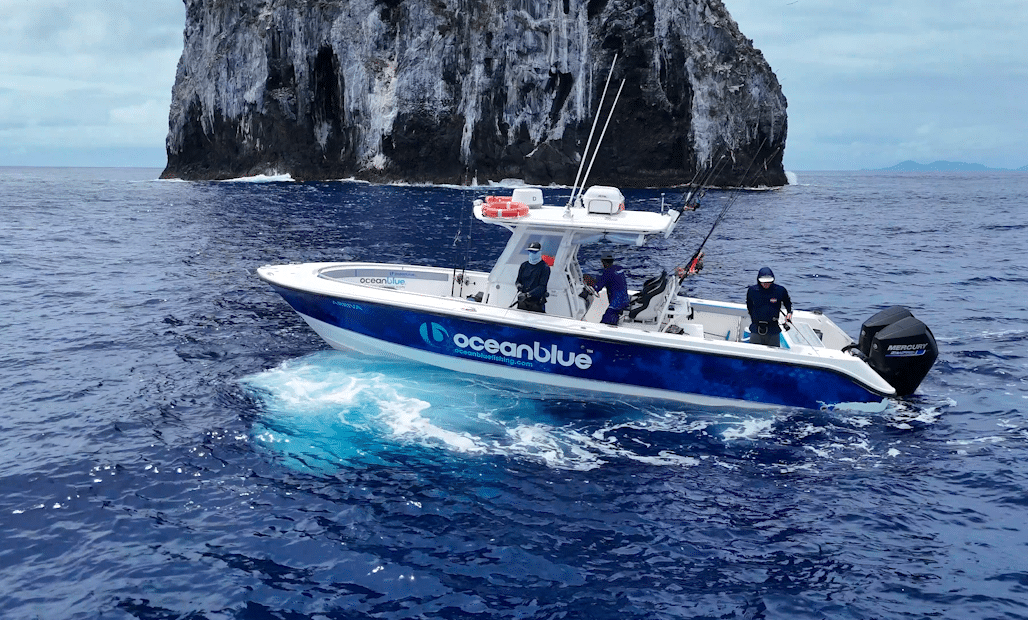 Ocean Blue centre-console fishing boat cruising on deep blue water near a steep volcanic rock cliff in Vanuatu.